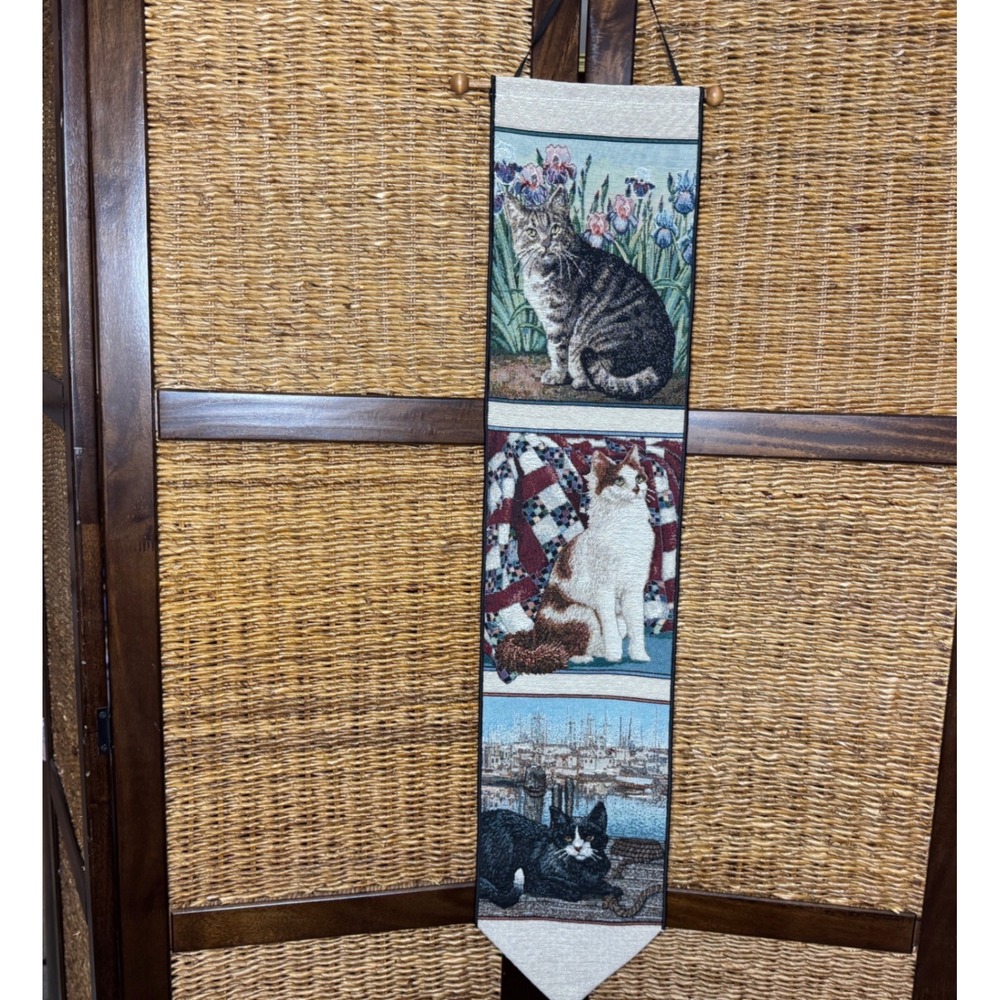 Vintage Woven Cat Tapestry Bell Pull Wall Hanging 3 Panel Feline Decor
